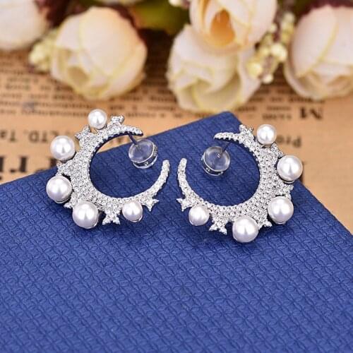 Fashion Crystal Moon Star Pearl Stud Earring Zircon Popular Ear Jewelry Vintage Ethnic Earrings Accesorios Mujer Aretes Zk30