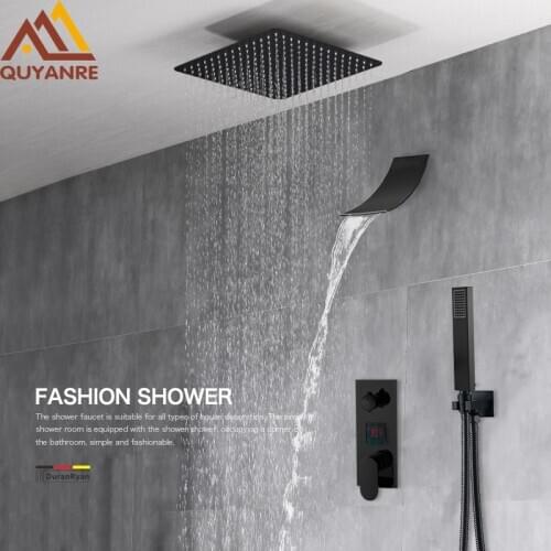 Matte Black Rainfall Waterfall Shower Faucets Kit LCD Digital Display Shower System Set Bathroom 2/3 Way Shower Mixer Taps
