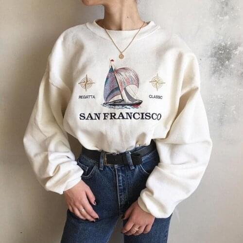 Whiter Cotton Pattern Letter Printing Crewneck Sweatshirt Women Vintage USA Stylish Oversized Loose Casual Streetwear Pullovers