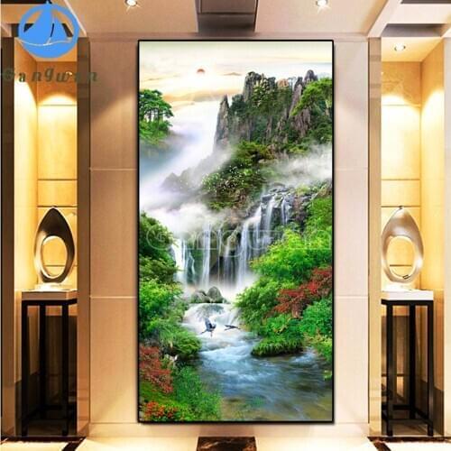 Waterfall mountain full square diamond painting rich picture for embroidery round diamond mosaic paintings large size decoration