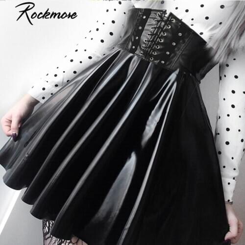 Rockmore PU Leather Nightclub A-Line Mini Skirt Women Zipper Gothic Punk Style High Waist Sexy Micro Above Knee Skirts Womens