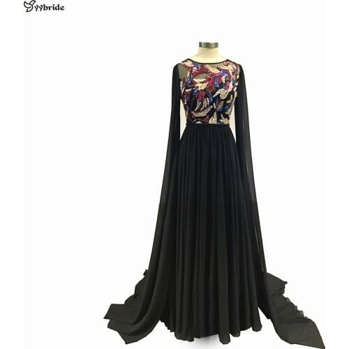 Yybride Black Chiffon Floor Length Dresses Top Part Colourful Beading Prom Dresses Long Sleeves Luxury Beautiful Evening Dresses