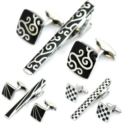 Tie Clip and Cufflinks Set For Men Classic Meter Tie Clips Cufflink Set Copper Tie Bar Quality Enamel Tie Collar Pin Crystal