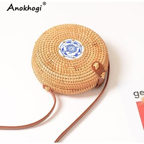 Rattan Ceramics Patchwork Rattan Handmade Women Shoulder Bags Leather Strap Vintage Beach Straw Woven Bag