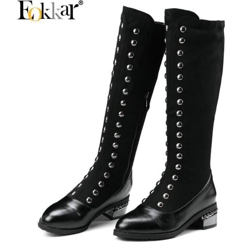 Eokkar 2020 Women Knee High Boots Flock Pointed Toe Al Match Square Mid Heel Heels Rivet Zipper Ladies Winter Boots Size 34-43