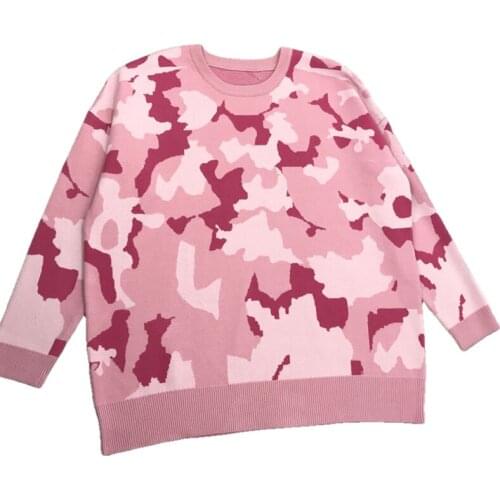 Womens Medium Long Sweet Pink Camouflage Sweater Pullover Casual Knitwear Winter Tops Knitted Sweaters Jumper