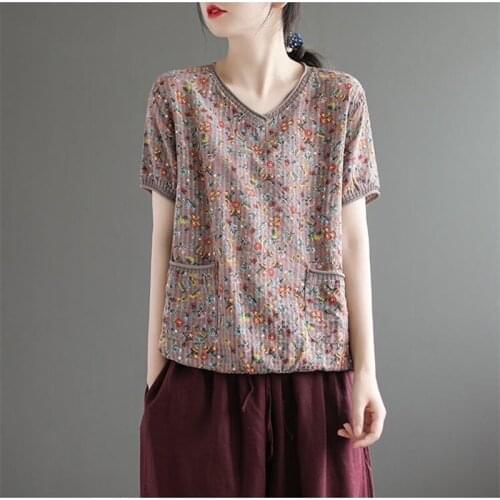Cotton Sale New Arrival Korean Women Free Shipping 2021 Retro V-Neck Short--Sleeved Tees Summer Loose National Style