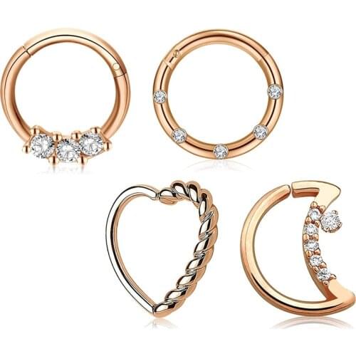 Stainless Steel Daith Piercing 4 Pcs Ear CartilageJewelry Nose Septum Piercings Cubic Zirconia Heart Crescent Moon Style