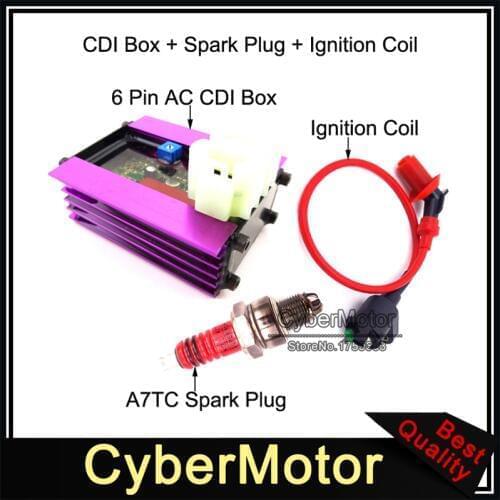 6 Pin Racing Adjuster AC CDI + Ignition Coil + 3 Electrode A7TC Spark Plug For 50cc 125cc 150cc ATV Quad GY6 Scooter Moped
