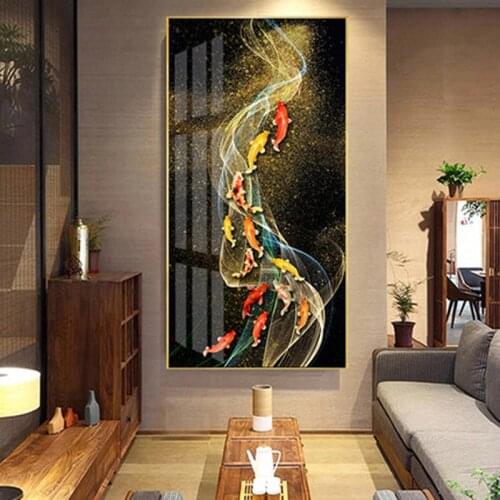 Abstract gold lotus fish canvas painting modern poster art cuadros new chinese style decoration wall pictures for living room