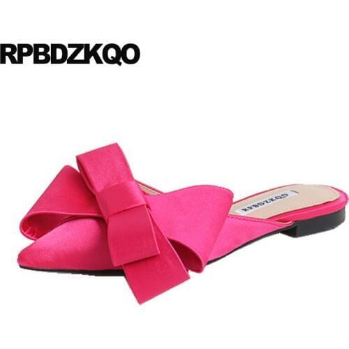 Satin mules slip on summer flats bow chinese women sandals slides peach large size cheap shoes china ladies party pointed toe