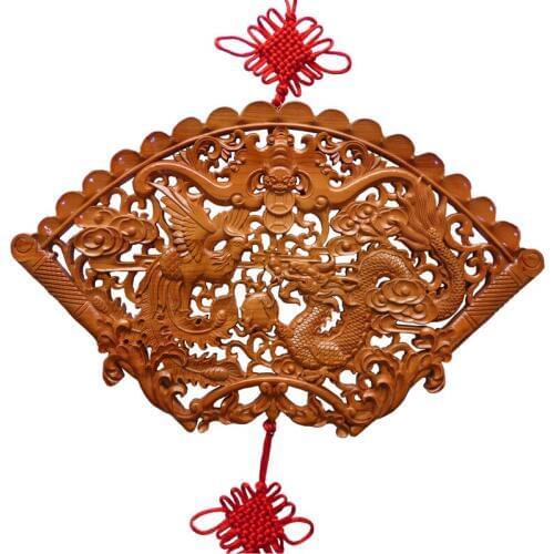 Long Yi wood Dragon carving pendant Decoration Feng Shui mirror fan Home Furnishing gift longfengchengxiang