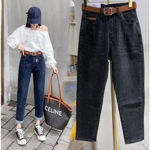 Washed Stretch Cotton Harlan Jeans Womens 2021 Spring And Autumn New Fashion Loose High Waist Casual Cropped Trousers With Belt