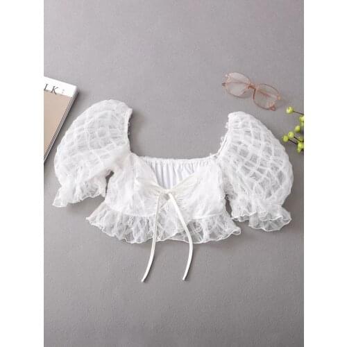 Korean Summer New See-through Lace-up Short Cropped Puff Sleeve Holiday Short Shirts Women Tops Fashion Streetwear 2021