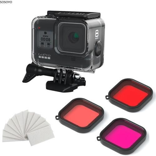 Soft Rubber Waterproof Case Diving Filter 60m Underwater swimming Protective Shell filters Set For GoPro Hero 8 Black Camera