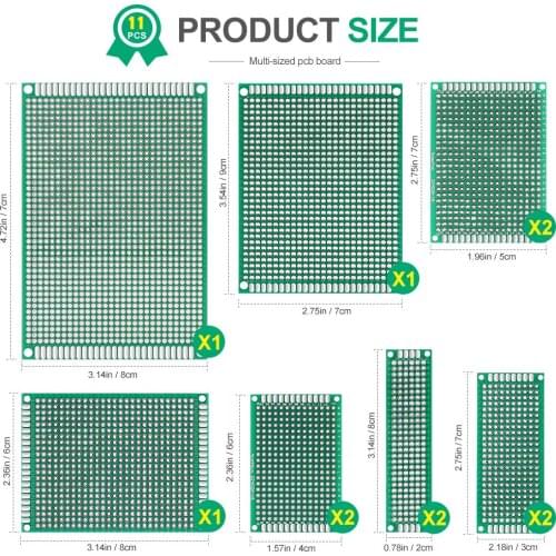 11 PCS PCB Board Prototype Kit,7 Sizes Dual Side Universal Printed Circuit Board for Arduino Soldering Boards Breadboard