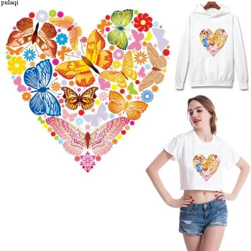 Pulaqi Heart Flowers Patches Fashion Girl Stripes Iron On Transfer Patches For Clothing Thermal Stickers On Clothes Applique DIY