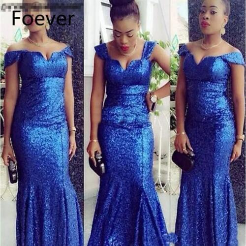 Nigerian Sparkly Royal Blue Sequins Evening Dresses Off Shoulder Floor Length African Evening Gowns Formal Occasion