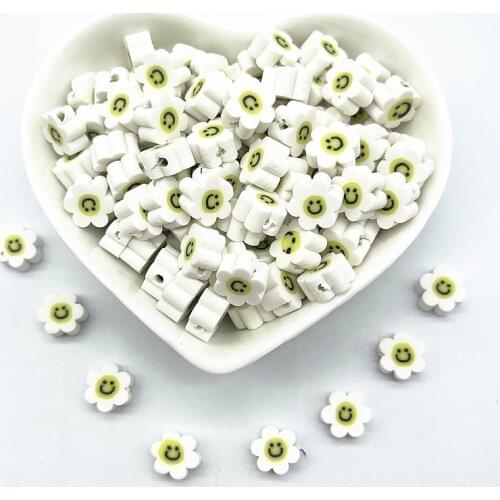 NEW 30pcs 10mm White Smiley Face Sunflowe Beads Polymer Clay Spacer Loose Beads for Jewelry Making DIY Bracelet Accessories