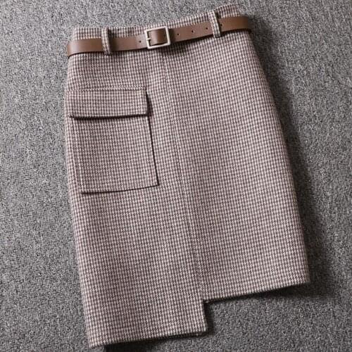 Autumn winter new irregular woolen skirt women houndstooth wool thick a-line package hip skirt