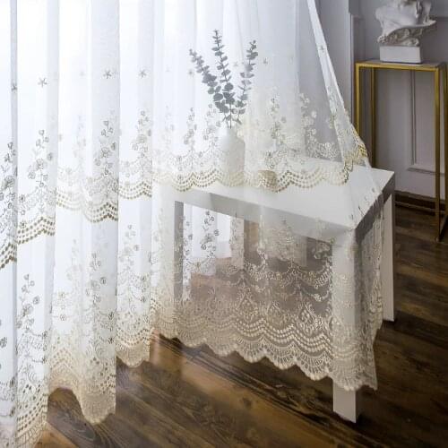 Embroidered Floral Sheer Curtains for Bedroom Beige White Lace Bottom Delicate Silding Door Window Treatment Drapes