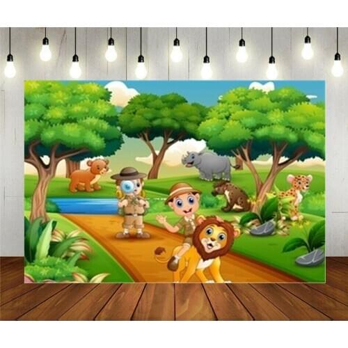 Photo Studio Props Photography Backdrop Cartoon Two Boy Explorer With Animals Vinyl Background Kids Birthday Party Decoration