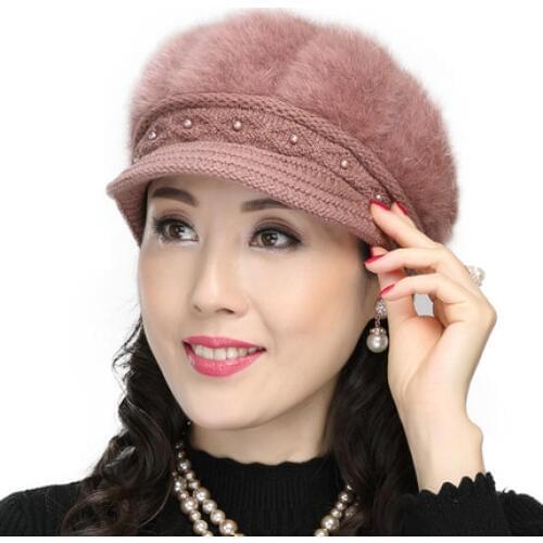 Middle-aged womens hats winter thicken knitted elderly hat female grandma warm rabbit wool cap