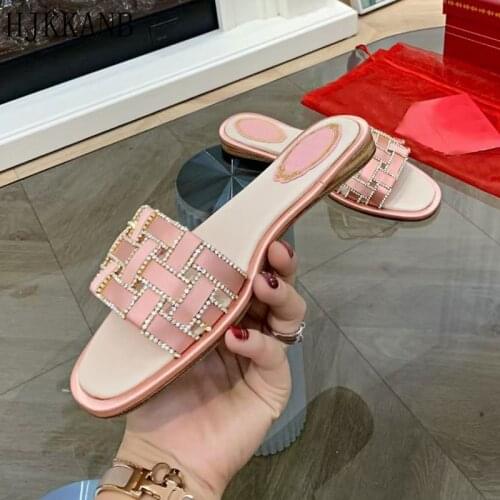 Rhinestone Woven Flat Slippers Women Hollow Out Open Toe Slides Summer Leisure Vacation Sandals Outdoor Beach Shoes 2021 New