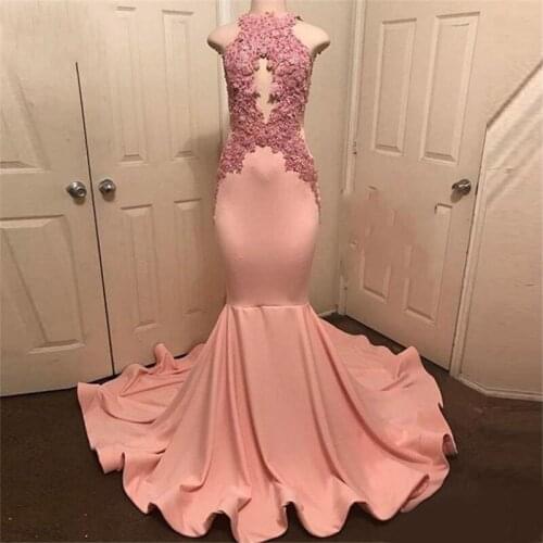 Halter Neck Sleeveless Robe De Soiree Party Dress Abiye Peach-Pink Mermaid Prom Gowns Lace Appliques Long Prom Dress