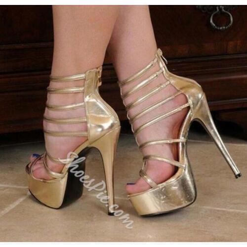 Moraima Snc Golden Zipper Stiletto Heel Prom Sandals Sexy Open Toe Leather Strappy Platform High Heel Shoes Woman Dress Shoes