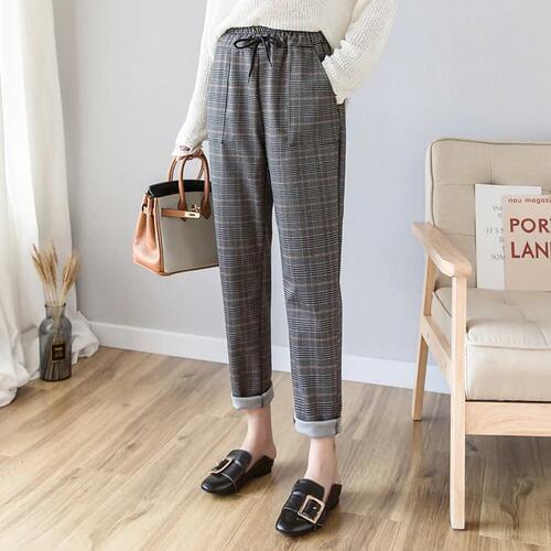 Casual Trousers Women Spring 2020 England Style Lace Up High Waisted Vintage Plaid Pants Harem Pants pantalon femme B300