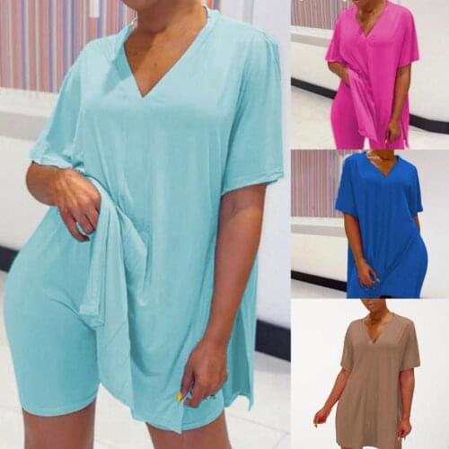 1 Set Women Outfit V-neck Two Piece Solid Color Fashion Casual Homewear for Summer Sexy T Shirt Top And Shorts Set Streetwear