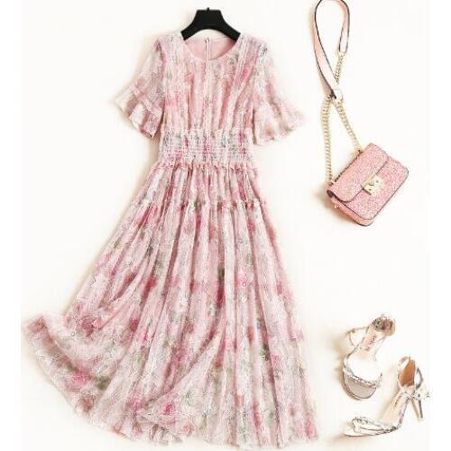 Original design womens 2019 summer zipper round neck to pull elastic waist pleated lace dress femaleT3633