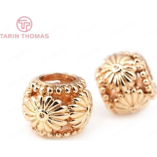 6PCS 9X7MM 24K Champagne Gold Color Plated Brass Large hole Flower Spacer Beads Bracelet Beads High Quality Accessories