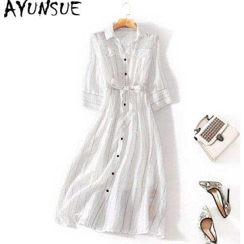 AYUNSUE Woman Summer Dress 2021 Elegant White Silk Linen Dresses for Women Casual Korean Shirt Dress Two-piece Vestido De Mujer