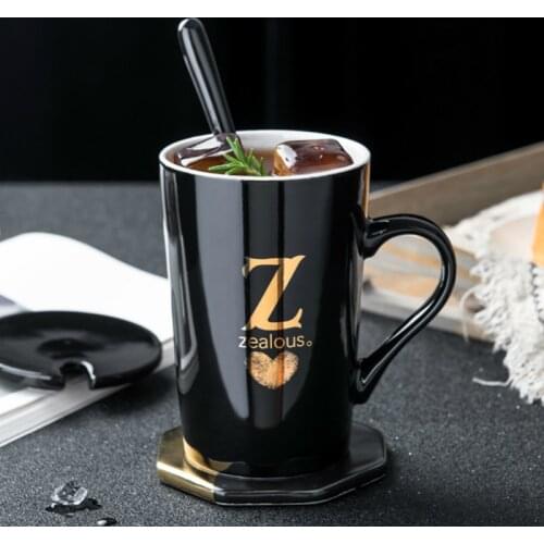 Personality Ceramic Couple Coffee Cup Classic Black Trend Letter Mug Coffee Mugs Creative With Spoon Lid Gift Box Cappuccino Cup
