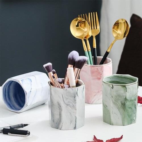 Marble Grain Storage Jar Dry Flower Golden Rim Ceramic Vase Nordic Makeup Brush Jars Home Tableware Office Pen Holder