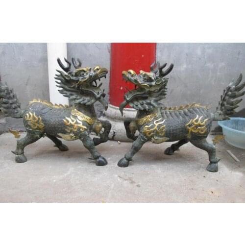 18" Chinese Copper Palace Guardian Dog Lion Dragon Kirin Chi-lin Pair