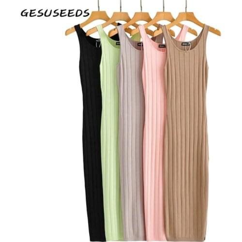 Summer sleeveless dress women elegant dresses knitted midi dress ribbed o neck dresses solid split dress black pink vestidos