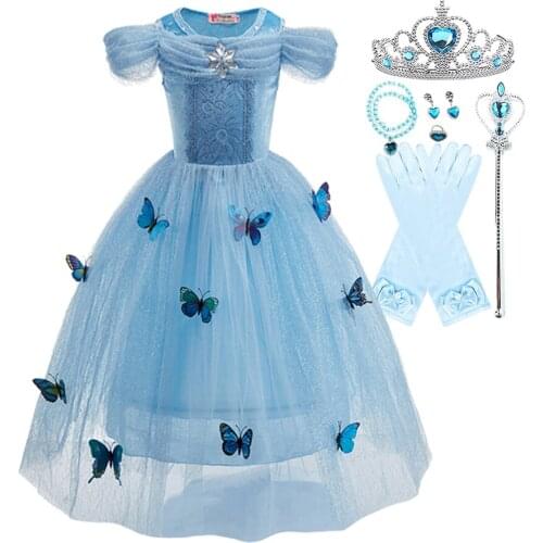 Girls Cinderella Dress Up Clothes Blue Rose Yellow Children Halloween Princess Costume Kids Birthday Christmas Carnival Outfit