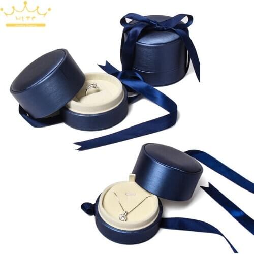 Jewellry Store Gift Packaging Container Blue Color Leather Jewelry Box with Ribbon Pendant Box Ring Box Gift Box