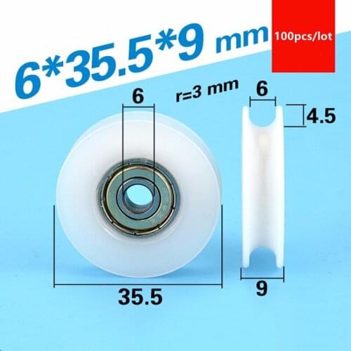 100pcs U type groove Plastic coated bearing 626ZZ 6*35.5*9mm POM roller lifting wheel nylon pulley bore 6mm diameter 35.5mm