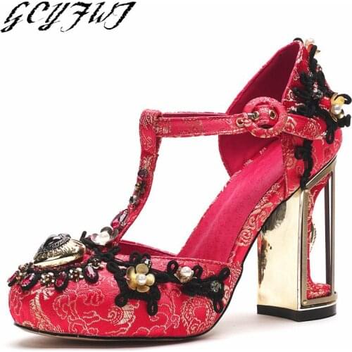 Women Sandals Ethnic Style Cheongsam With Beaded Embroidered Word Buckle Women Shoes Summer Buckle Strange Heels Sandalias Mujer