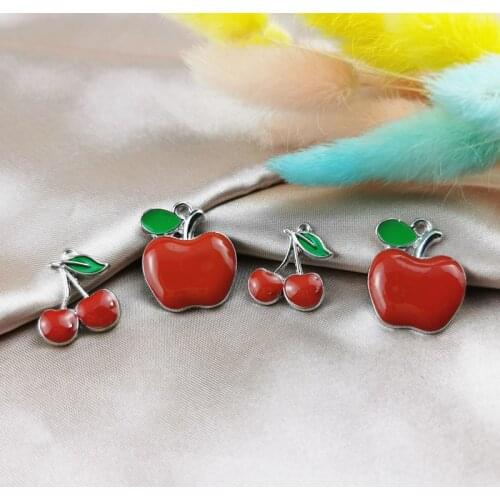 10pcs White K Color Tone Fruit Red Apple Cherry Enamel Charm For Jewelry Making Craft Earring Pendant Necklace Bracelet Flinding