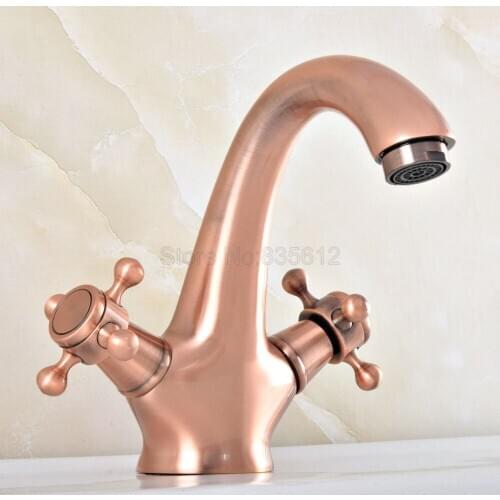 Deck Mounted Basin Faucet Dual Handle Bathroom Antique Red Copper Finished Sink Faucets Hot and Cold Water Mixer Tap tsf825