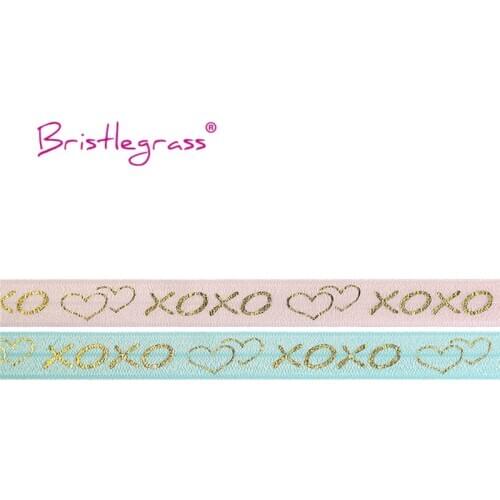 BRISTLEGRASS 5 Yard 5/8" 15mm Gold XOXO Love Heart Foil Print Foldover Elastic FOE Spandex Band Wrist Hair Tie Dress Sewing Trim
