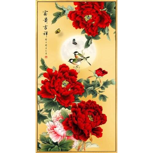 Printed Cross Stitch Needlework,DIY Living Room,Sets For Embroidery Kit Full Cross-Stitching Silk Thread Moon Peony Flowers