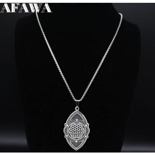 Flower of Life Stainless Steel Statement Necklace Women Silver Color Black Enamel Big Long Chain Necklace Jewelry joyas N3213S02