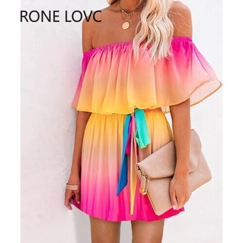 Women Gradient Color Tie Dye Off Shoulder Ruffles Dress Mini Dress Elegant Fashion Chic Dress
