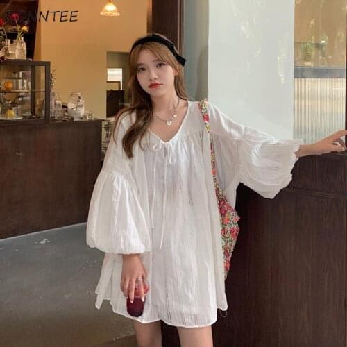 Dress Women Mini White Tender Classy Stylish V-Neck Ulzzang Puff Sleeve Vestido Summer Simple Solid Leisure Loose Lace-up Mujer